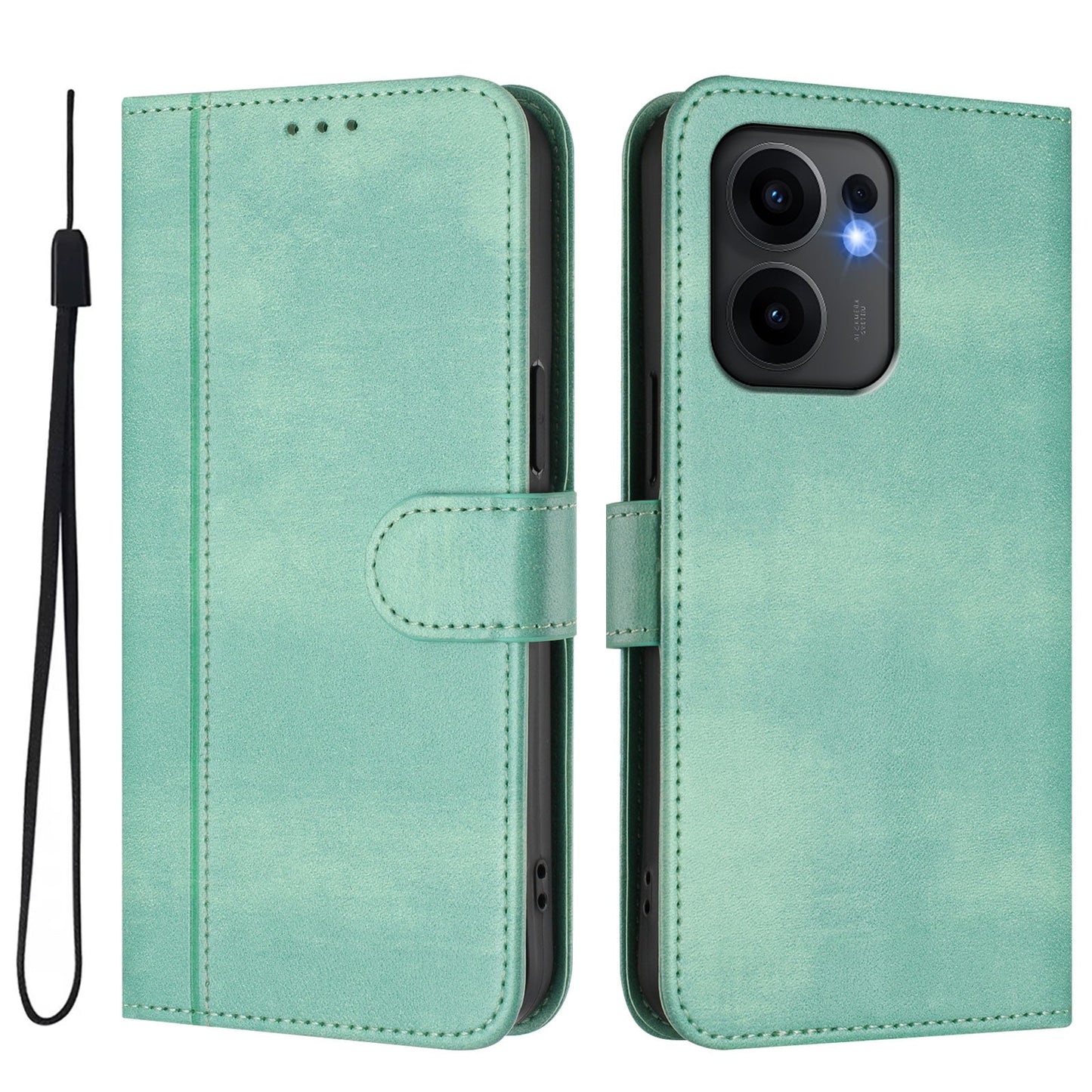 For Oppo Reno13 F 5G Cases Wallet Stand Retro Texture Leather Phone Cover with Lanyard - Mint Green
