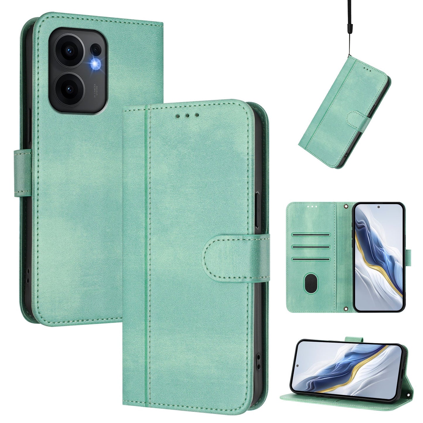 For Oppo Reno13 F 5G Cases Wallet Stand Retro Texture Leather Phone Cover with Lanyard - Mint Green