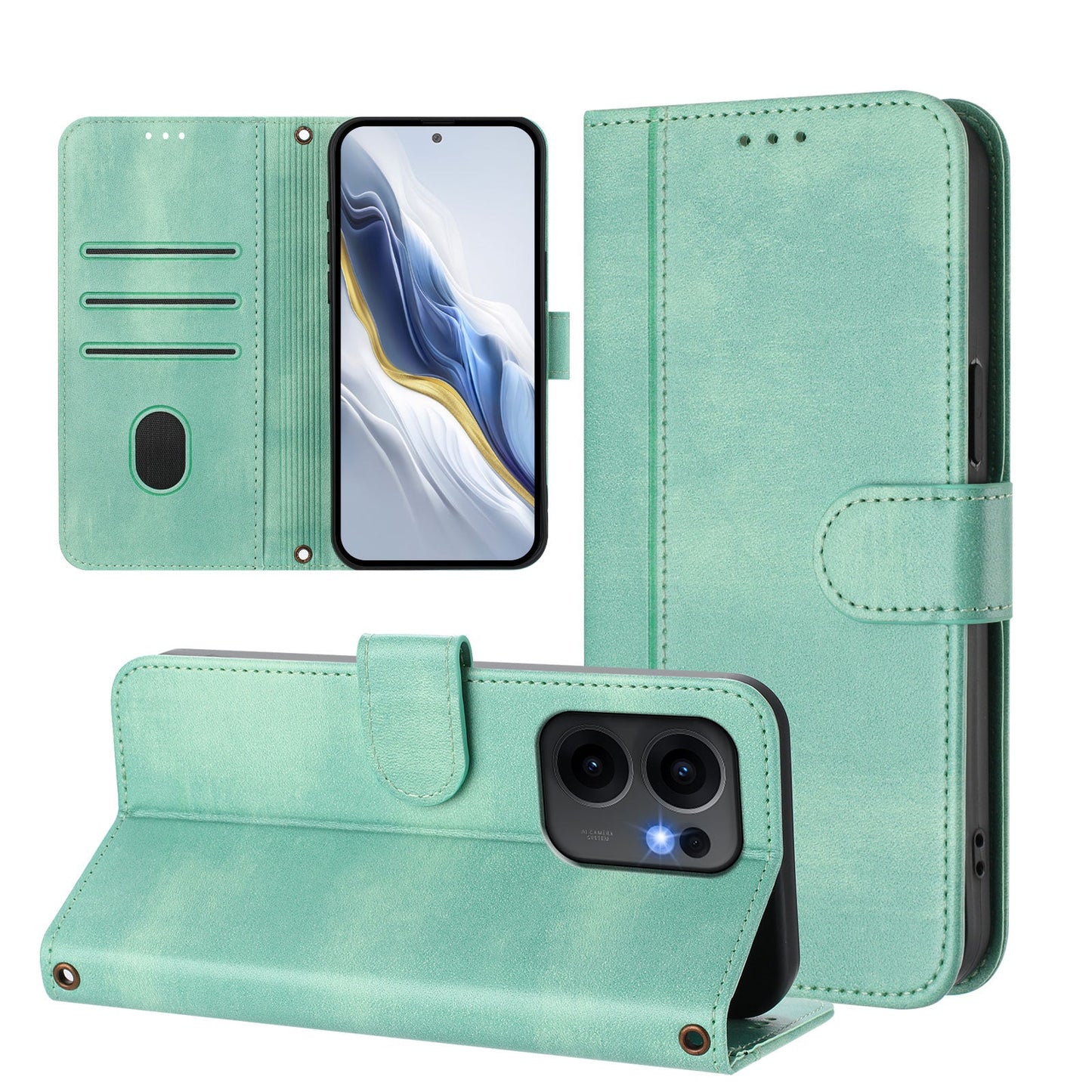 For Oppo Reno13 F 5G Cases Wallet Stand Retro Texture Leather Phone Cover with Lanyard - Mint Green