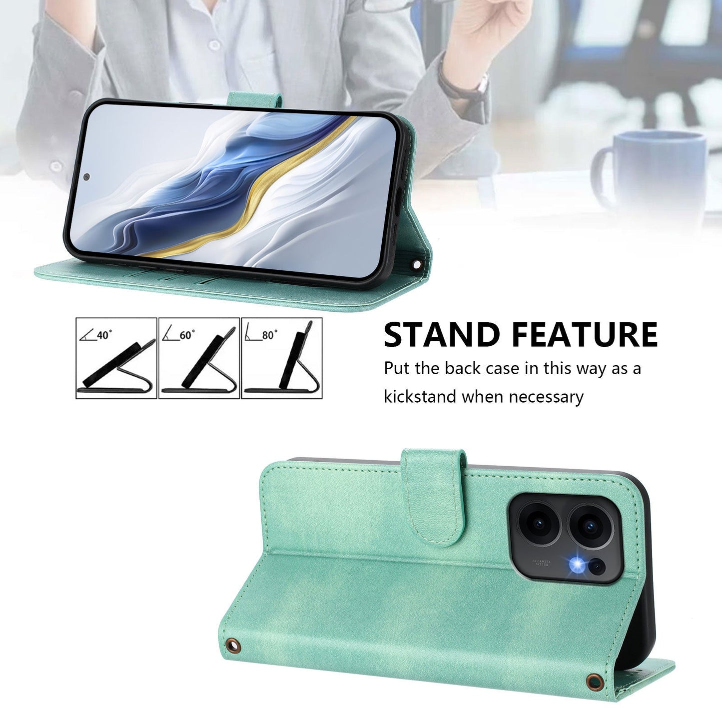 For Oppo Reno13 F 5G Cases Wallet Stand Retro Texture Leather Phone Cover with Lanyard - Mint Green