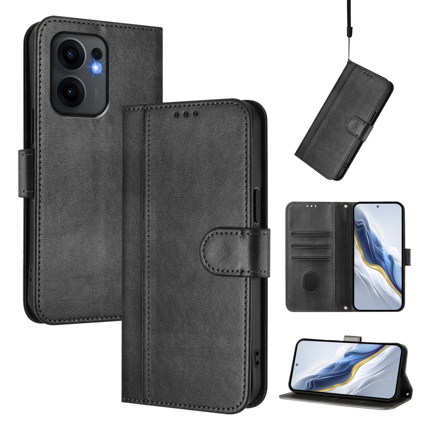 For Oppo Reno13 F 5G Cases Wallet Stand Retro Texture Leather Phone Cover with Lanyard - Black