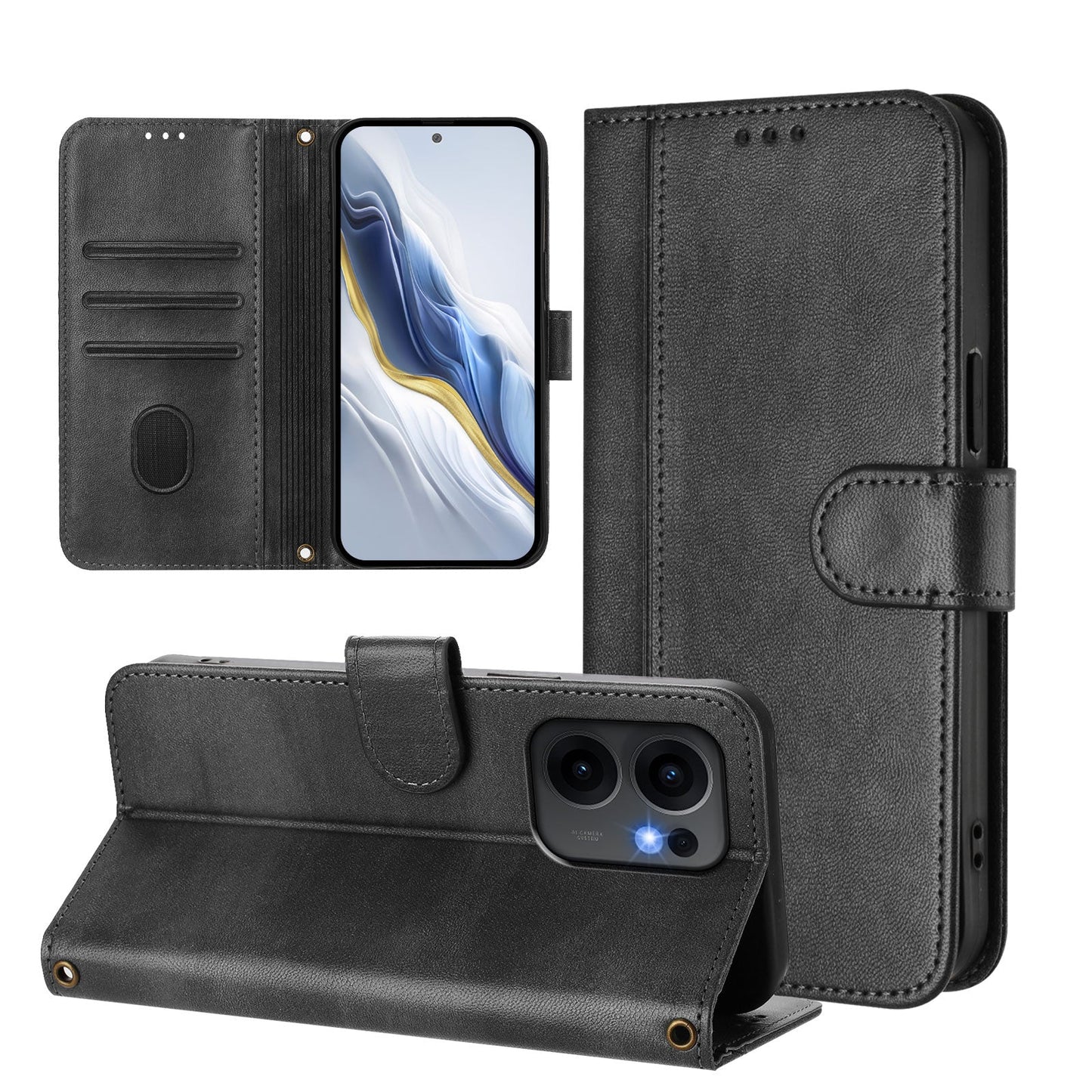 For Oppo Reno13 F 5G Cases Wallet Stand Retro Texture Leather Phone Cover with Lanyard - Black