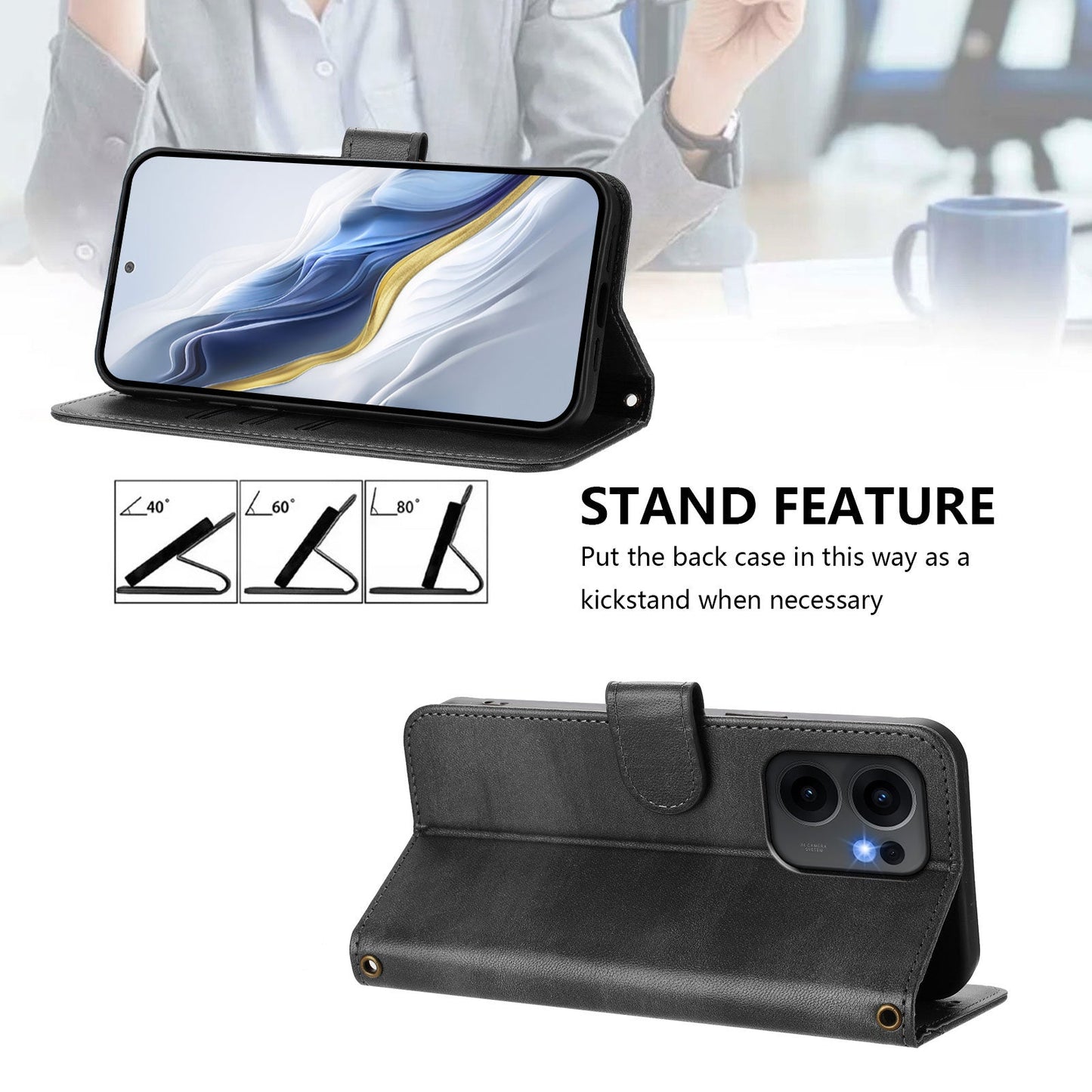 For Oppo Reno13 F 5G Cases Wallet Stand Retro Texture Leather Phone Cover with Lanyard - Black