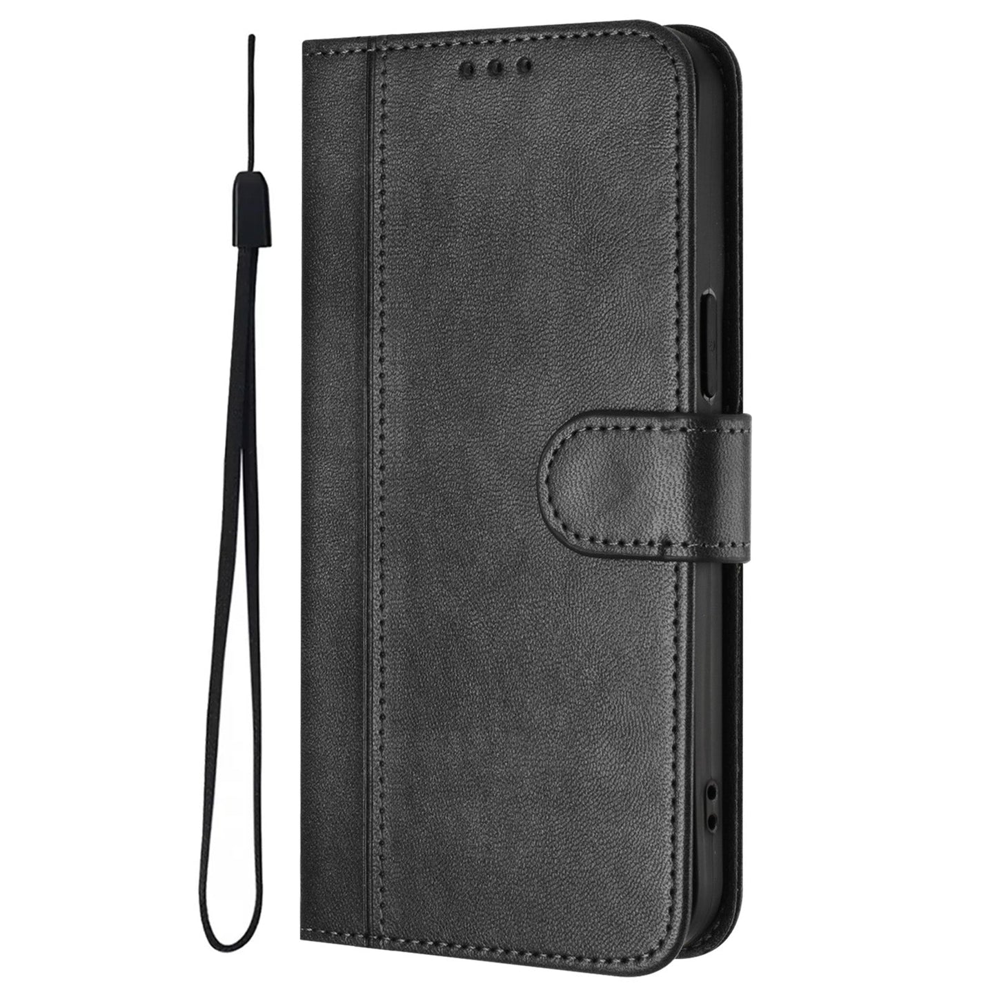 For Oppo Reno13 F 5G Cases Wallet Stand Retro Texture Leather Phone Cover with Lanyard - Black