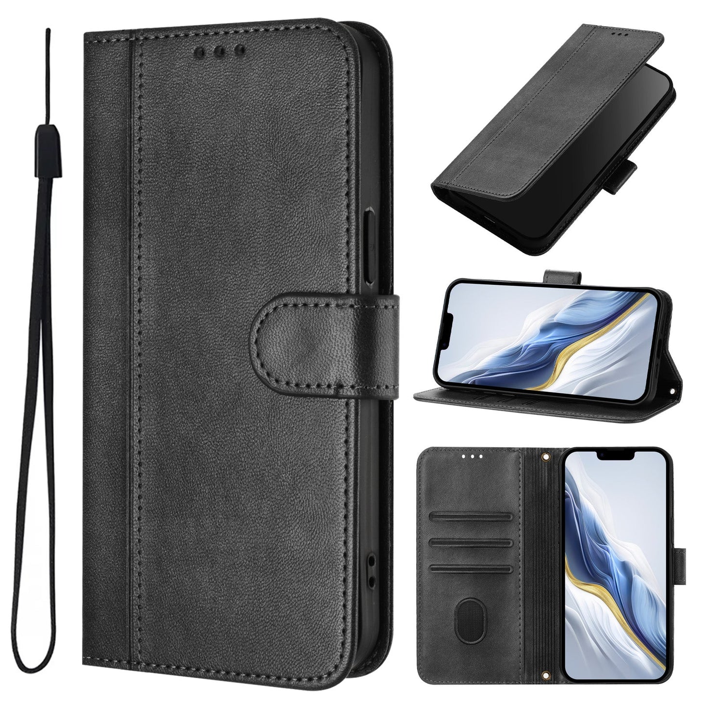 For Oppo Reno13 F 5G Cases Wallet Stand Retro Texture Leather Phone Cover with Lanyard - Black