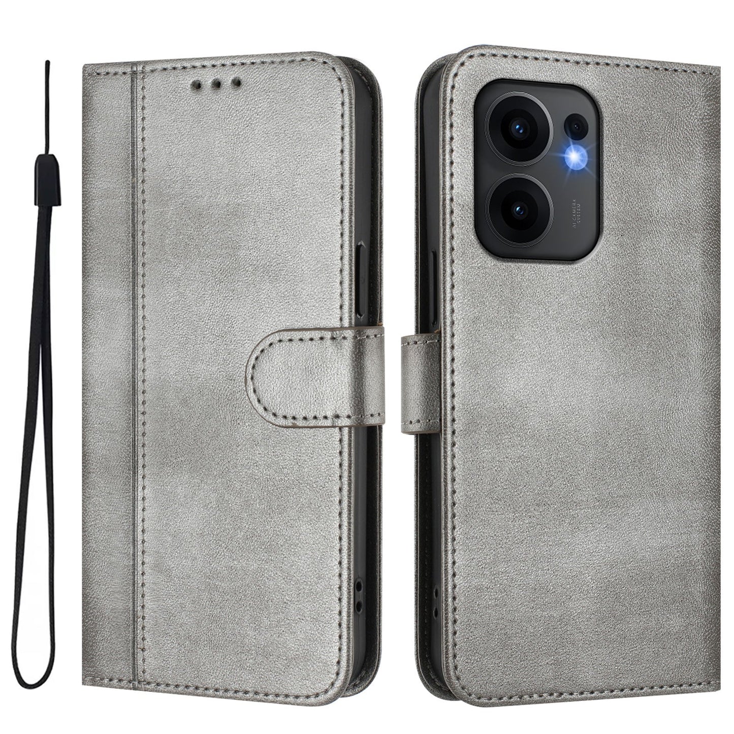 For Oppo Reno13 F 5G Cases Wallet Stand Retro Texture Leather Phone Cover with Lanyard - Grey