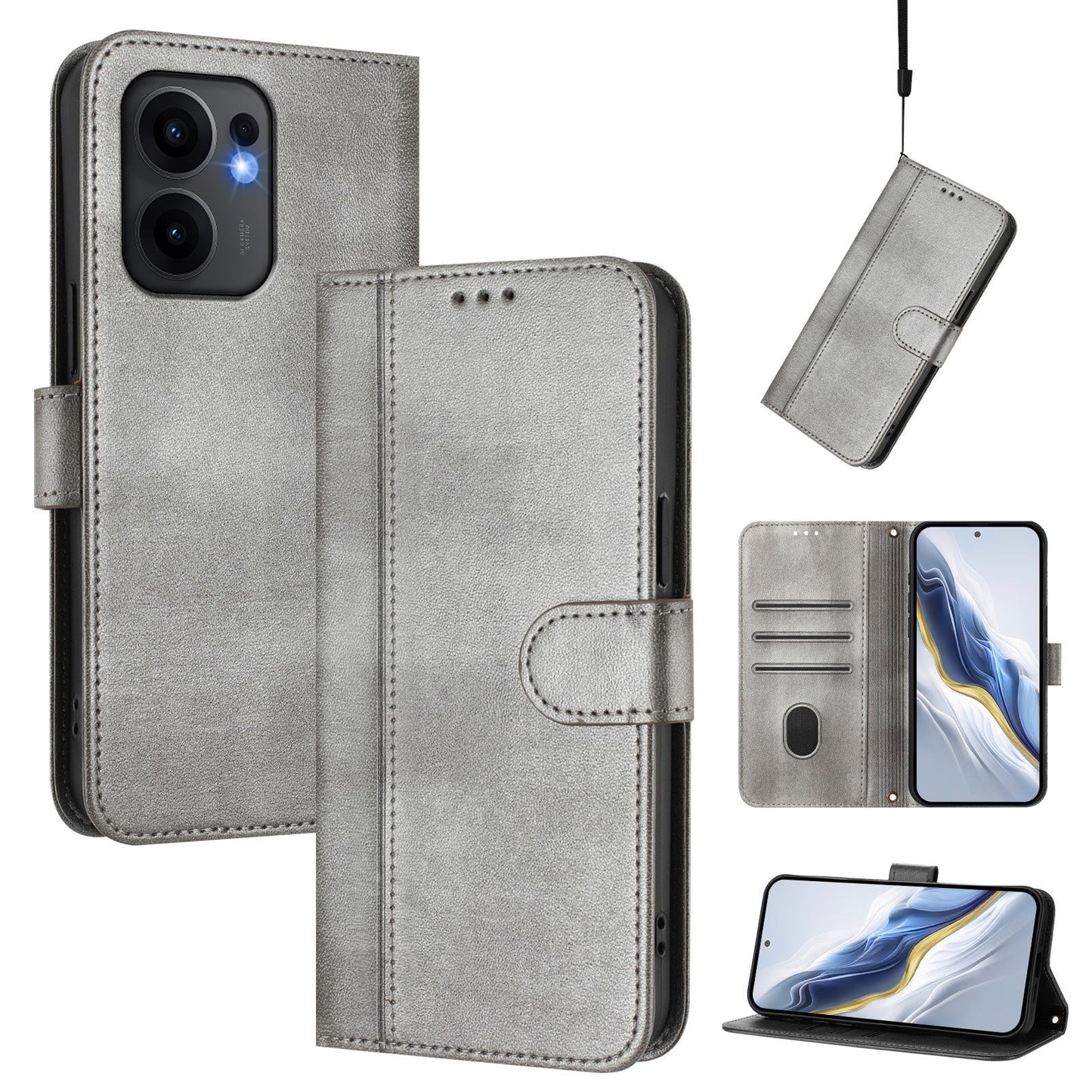 For Oppo Reno13 F 5G Cases Wallet Stand Retro Texture Leather Phone Cover with Lanyard - Grey