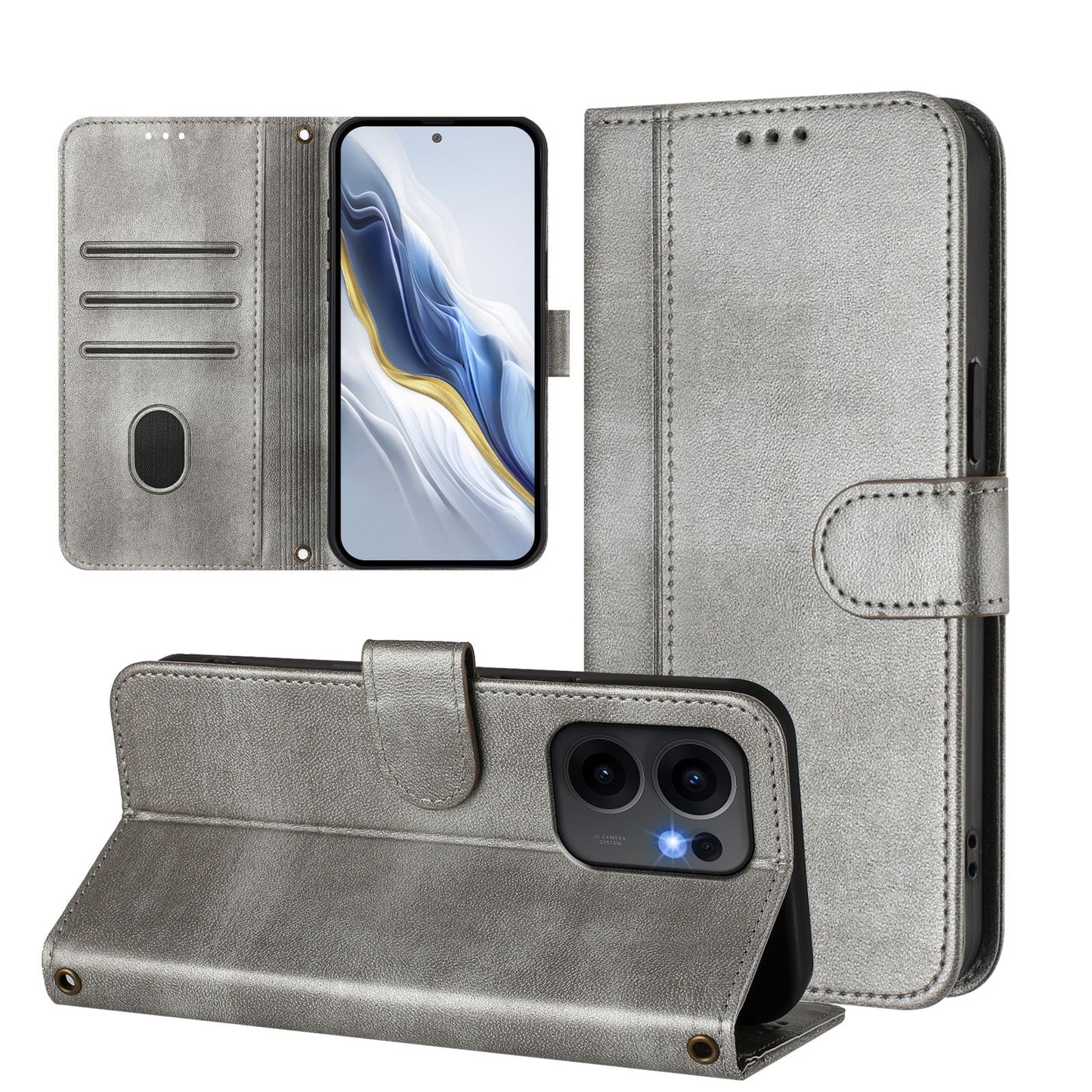 For Oppo Reno13 F 5G Cases Wallet Stand Retro Texture Leather Phone Cover with Lanyard - Grey