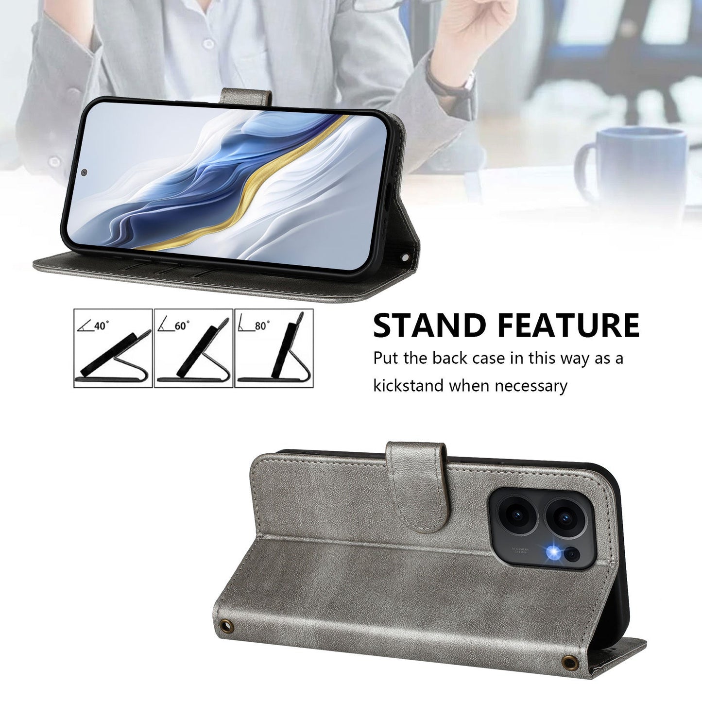 For Oppo Reno13 F 5G Cases Wallet Stand Retro Texture Leather Phone Cover with Lanyard - Grey
