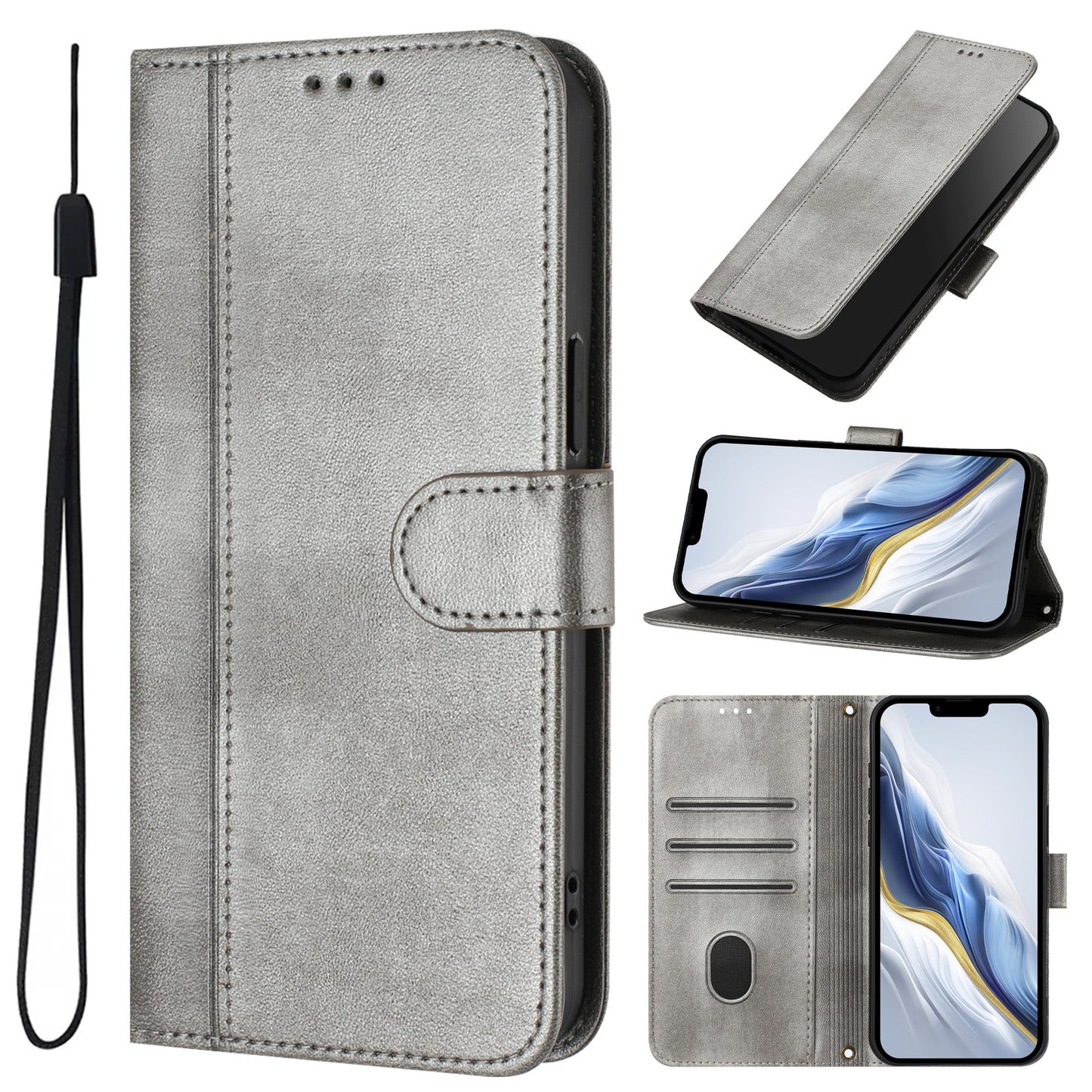 For Oppo Reno13 F 5G Cases Wallet Stand Retro Texture Leather Phone Cover with Lanyard - Grey