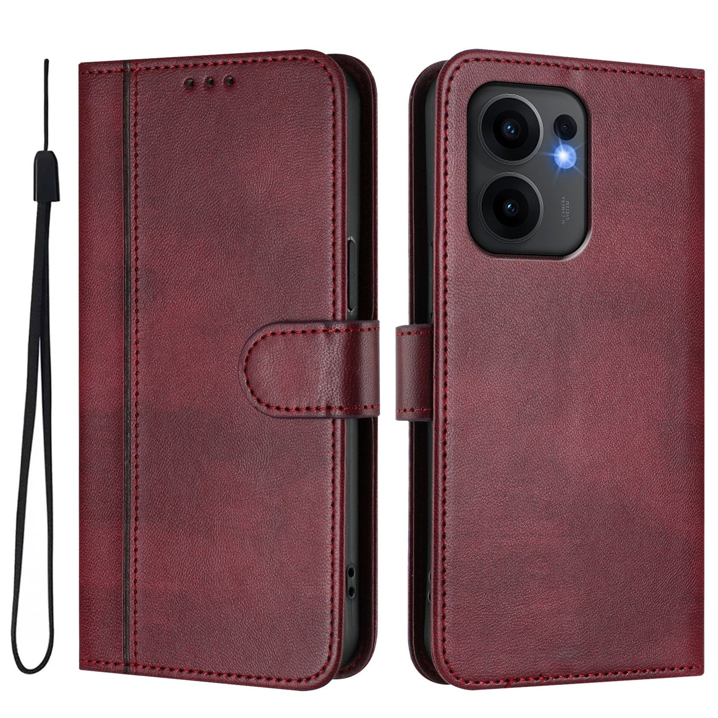 For Oppo Reno13 F 5G Cases Wallet Stand Retro Texture Leather Phone Cover with Lanyard - Wine Red