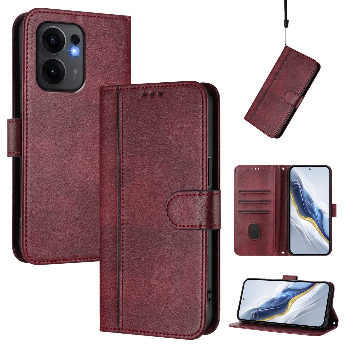 For Oppo Reno13 F 5G Cases Wallet Stand Retro Texture Leather Phone Cover with Lanyard - Wine Red