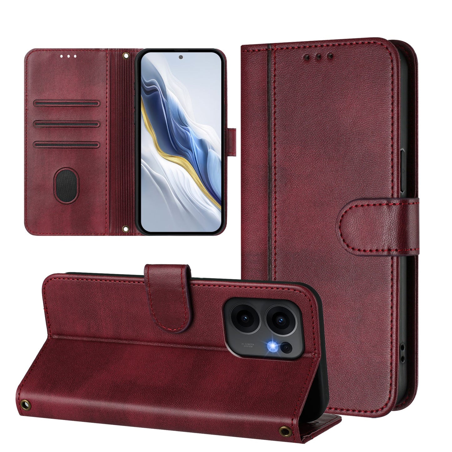 For Oppo Reno13 F 5G Cases Wallet Stand Retro Texture Leather Phone Cover with Lanyard - Wine Red