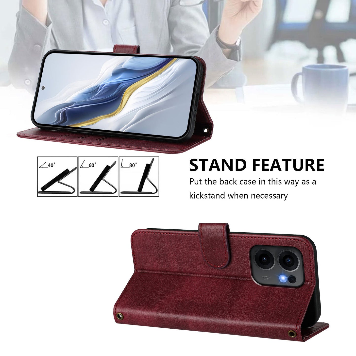 For Oppo Reno13 F 5G Cases Wallet Stand Retro Texture Leather Phone Cover with Lanyard - Wine Red