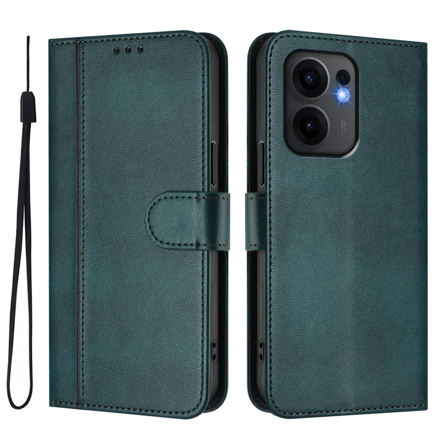For Oppo Reno13 F 5G Cases Wallet Stand Retro Texture Leather Phone Cover with Lanyard - Dark Green