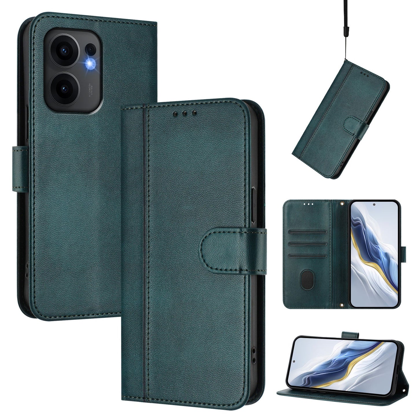 For Oppo Reno13 F 5G Cases Wallet Stand Retro Texture Leather Phone Cover with Lanyard - Dark Green