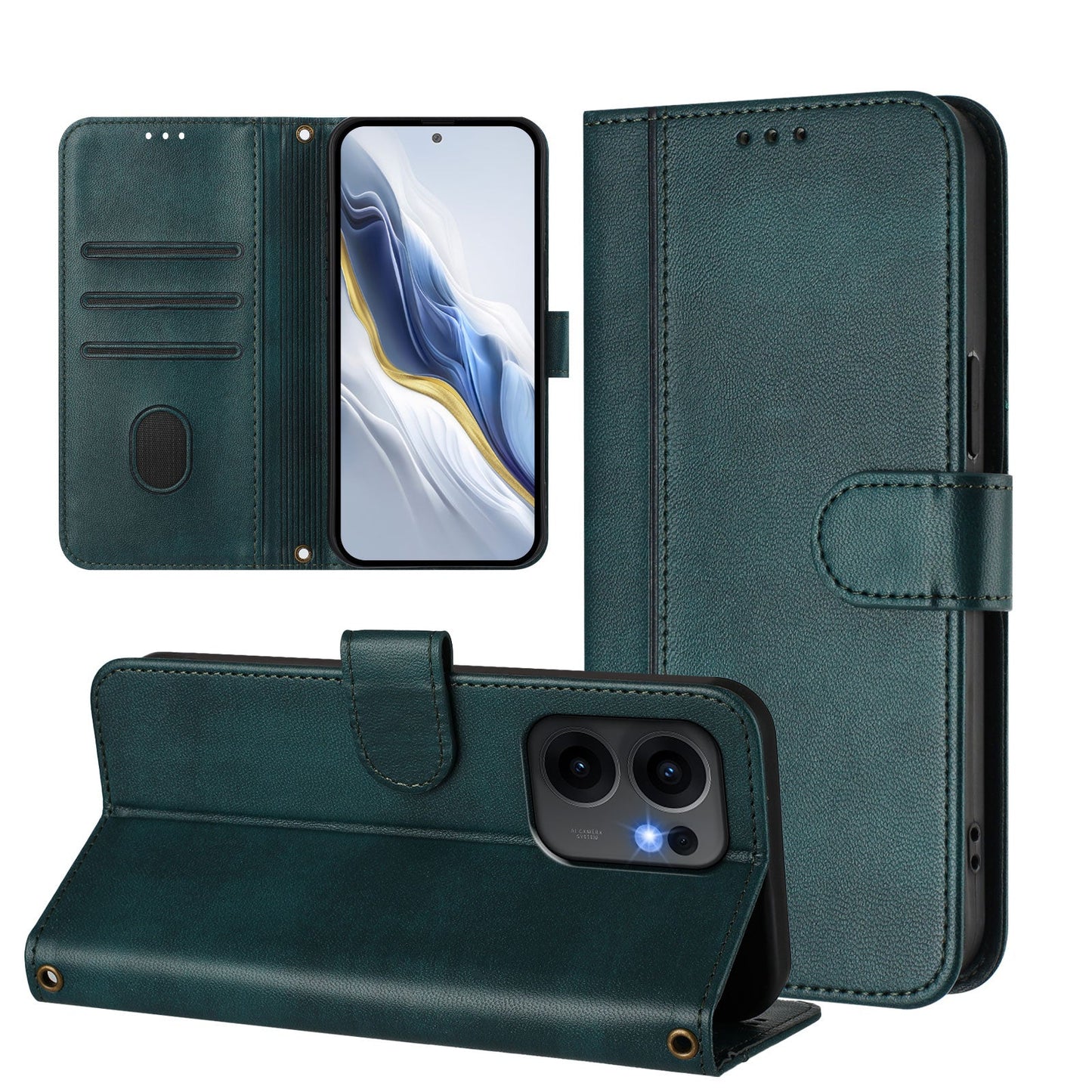 For Oppo Reno13 F 5G Cases Wallet Stand Retro Texture Leather Phone Cover with Lanyard - Dark Green