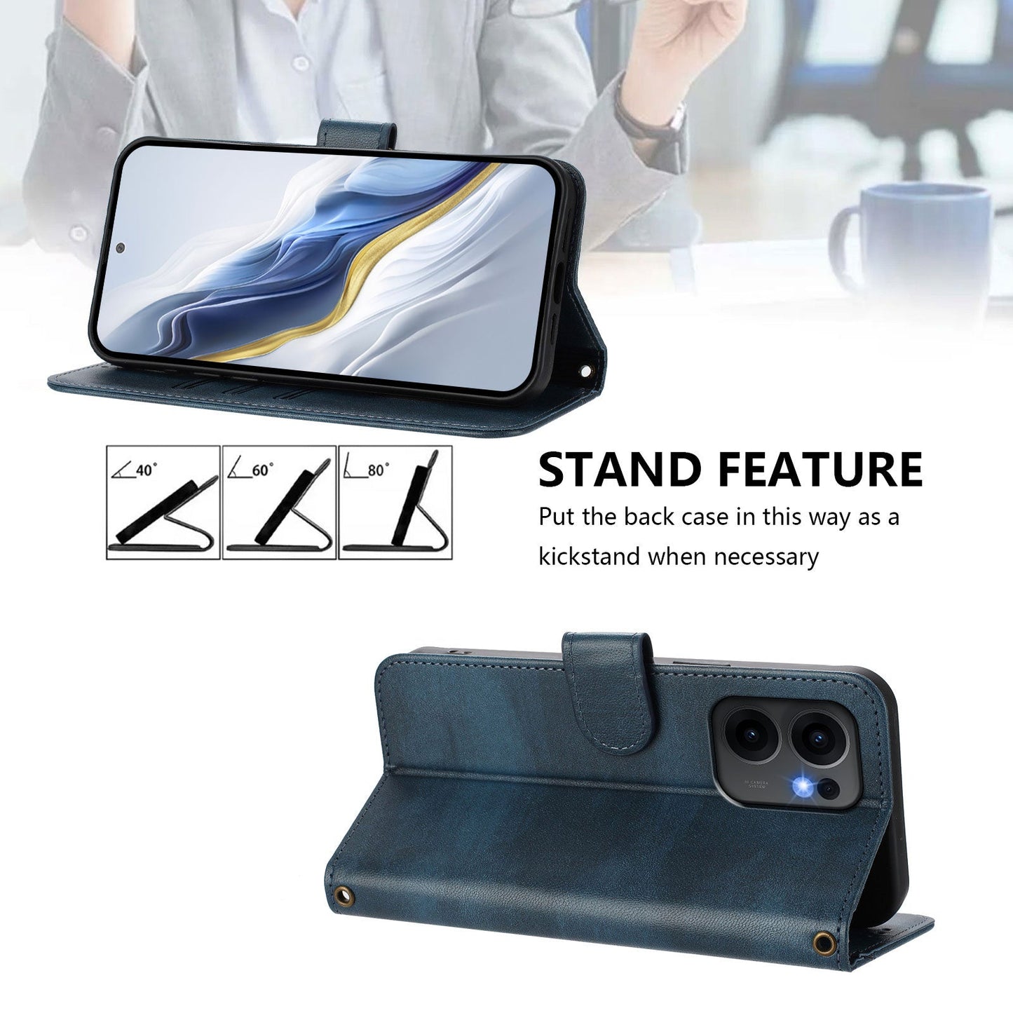 For Oppo Reno13 F 5G Cases Wallet Stand Retro Texture Leather Phone Cover with Lanyard - Blue