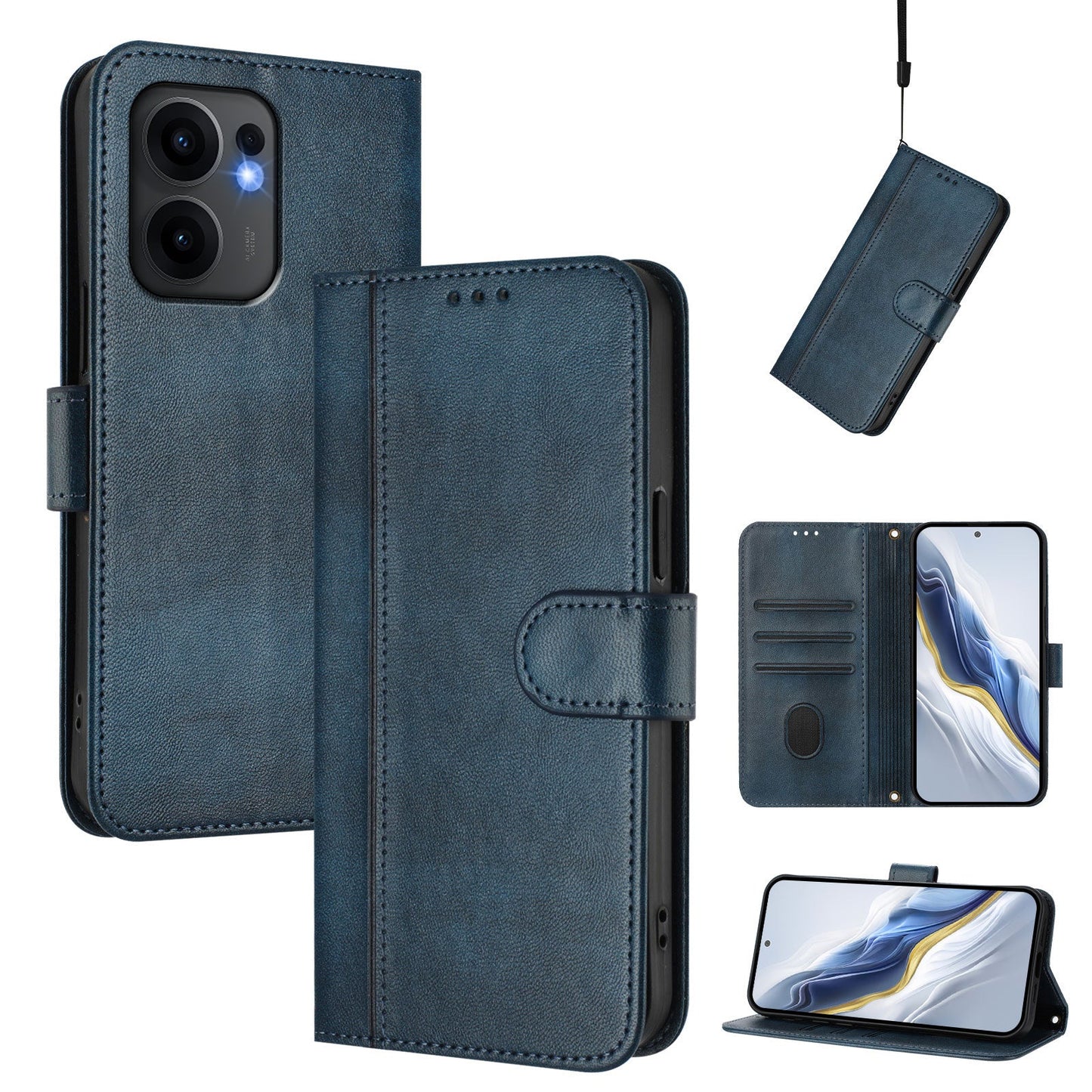 For Oppo Reno13 F 5G Cases Wallet Stand Retro Texture Leather Phone Cover with Lanyard - Blue
