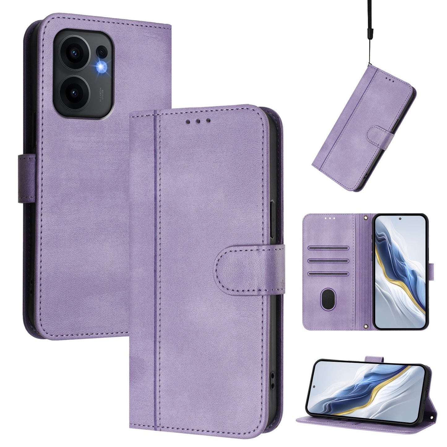 For Oppo Reno13 F 5G Cases Wallet Stand Retro Texture Leather Phone Cover with Lanyard - Light Purple