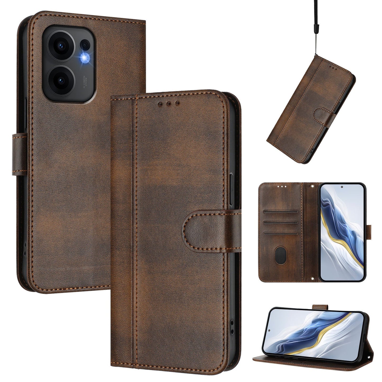 For Oppo Reno13 F 5G Cases Wallet Stand Retro Texture Leather Phone Cover with Lanyard - Brown