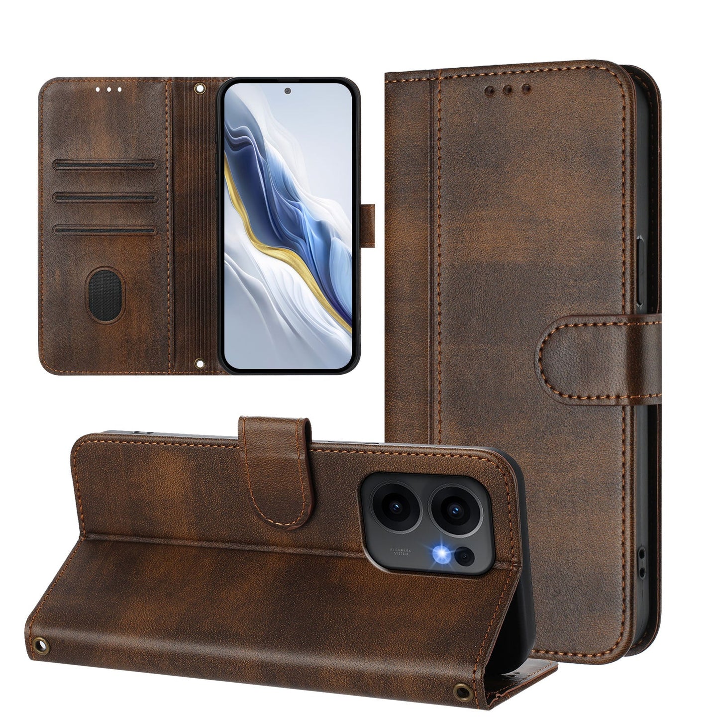 For Oppo Reno13 F 5G Cases Wallet Stand Retro Texture Leather Phone Cover with Lanyard - Brown
