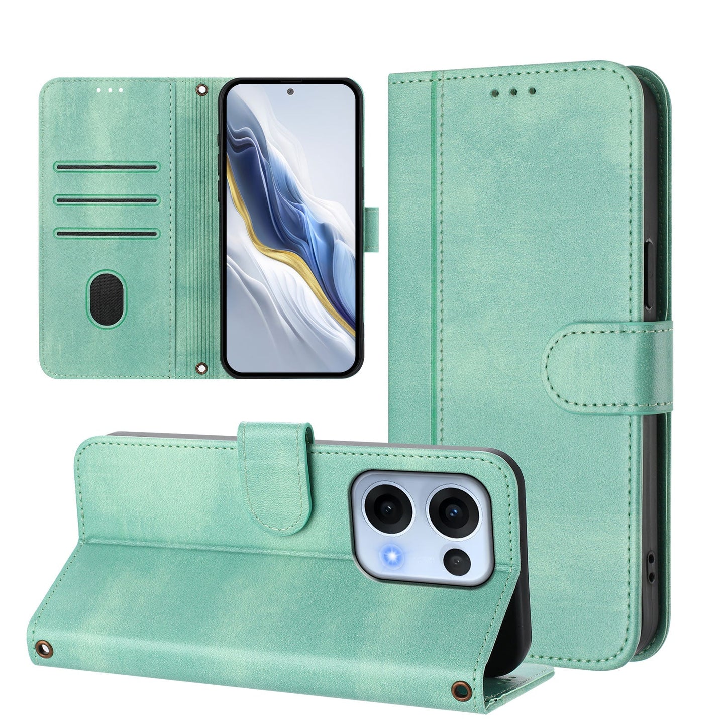 For Oppo Reno13 5G (Global) Cases Wallet Stand Retro Texture Leather Phone Cover with Lanyard - Mint Green