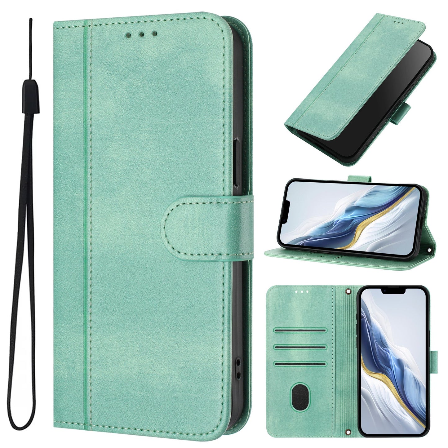 For Oppo Reno13 5G (Global) Cases Wallet Stand Retro Texture Leather Phone Cover with Lanyard - Mint Green