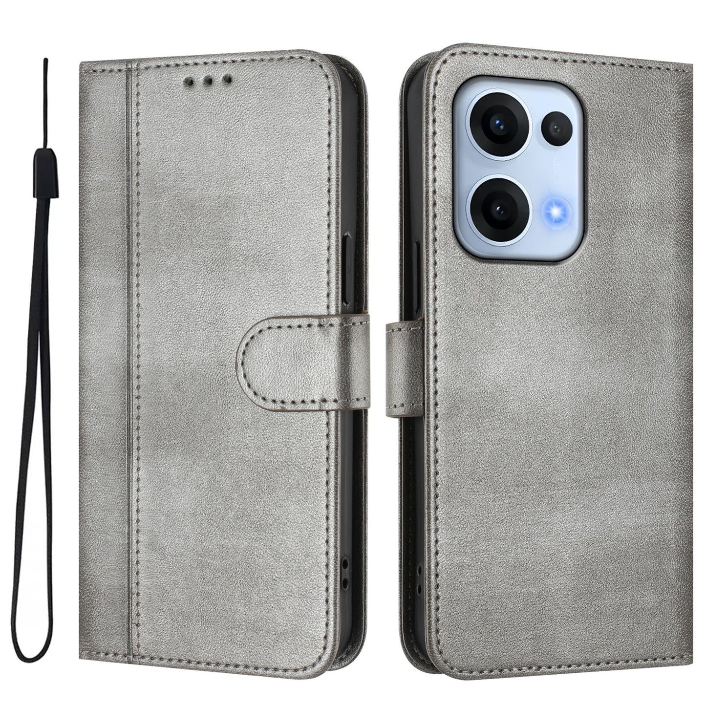 For Oppo Reno13 5G (Global) Cases Wallet Stand Retro Texture Leather Phone Cover with Lanyard - Grey