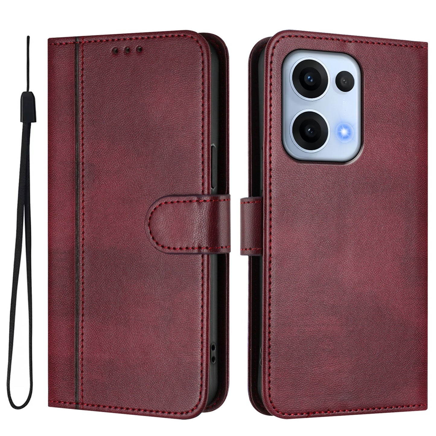 For Oppo Reno13 5G (Global) Cases Wallet Stand Retro Texture Leather Phone Cover with Lanyard - Wine Red