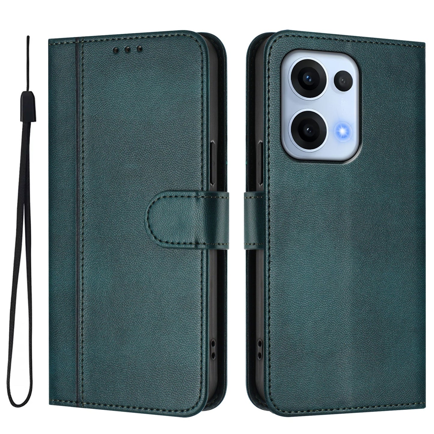 For Oppo Reno13 5G (Global) Cases Wallet Stand Retro Texture Leather Phone Cover with Lanyard - Dark Green