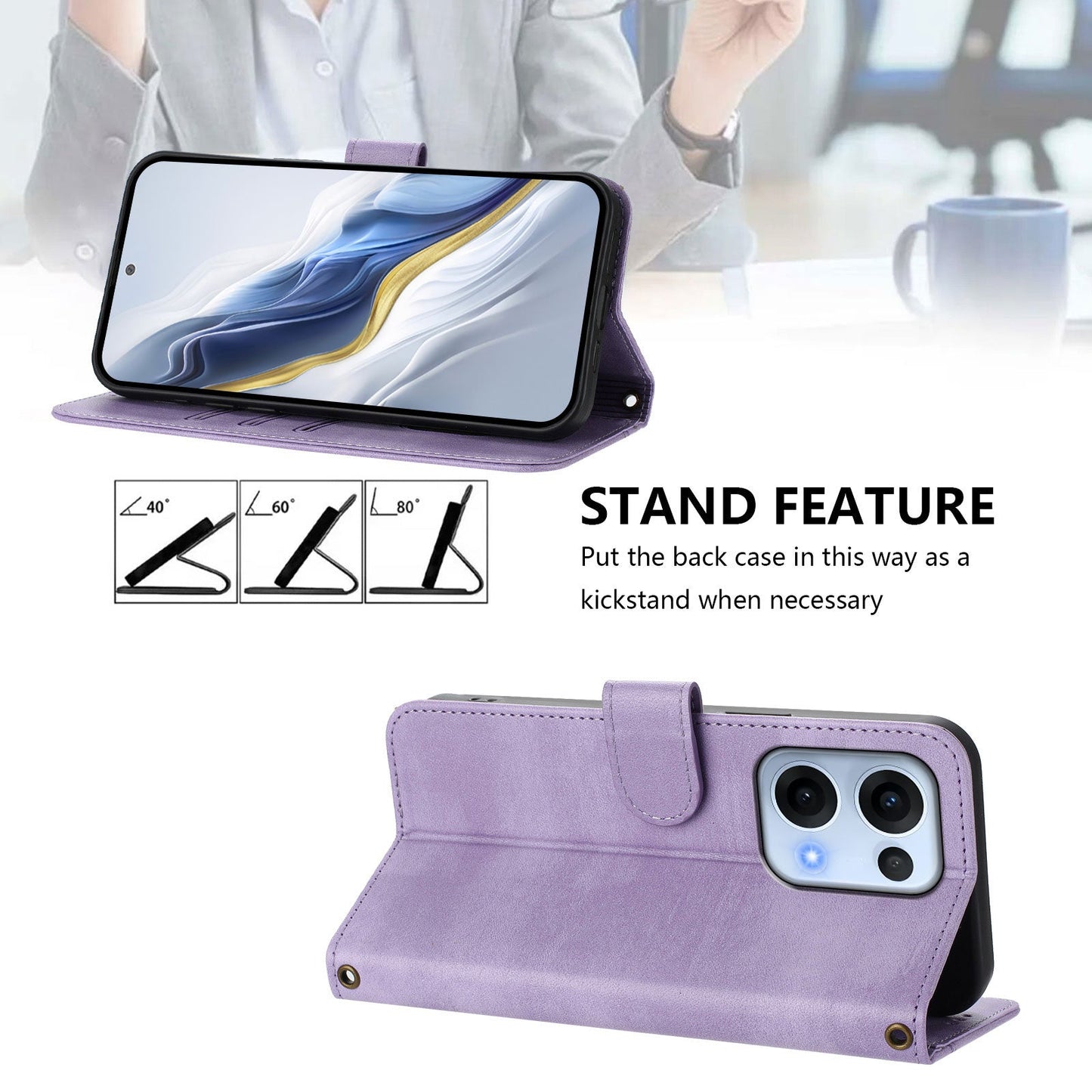 For Oppo Reno13 5G (Global) Cases Wallet Stand Retro Texture Leather Phone Cover with Lanyard - Light Purple