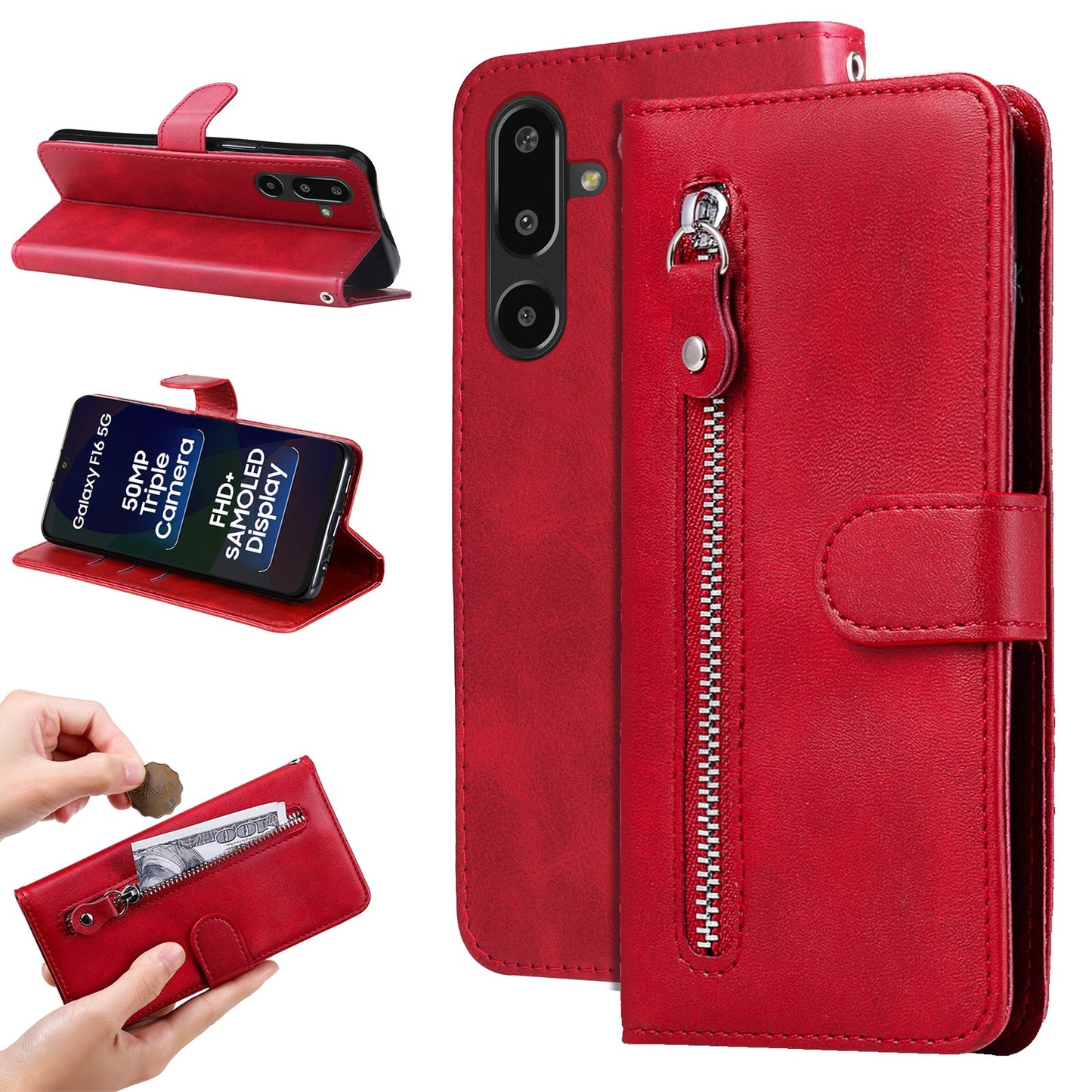 For Samsung Galaxy F16 5G / Galaxy M16 5G PU Leather Cases with Zipper Pocket Wallet Phone Cover Stand - Red