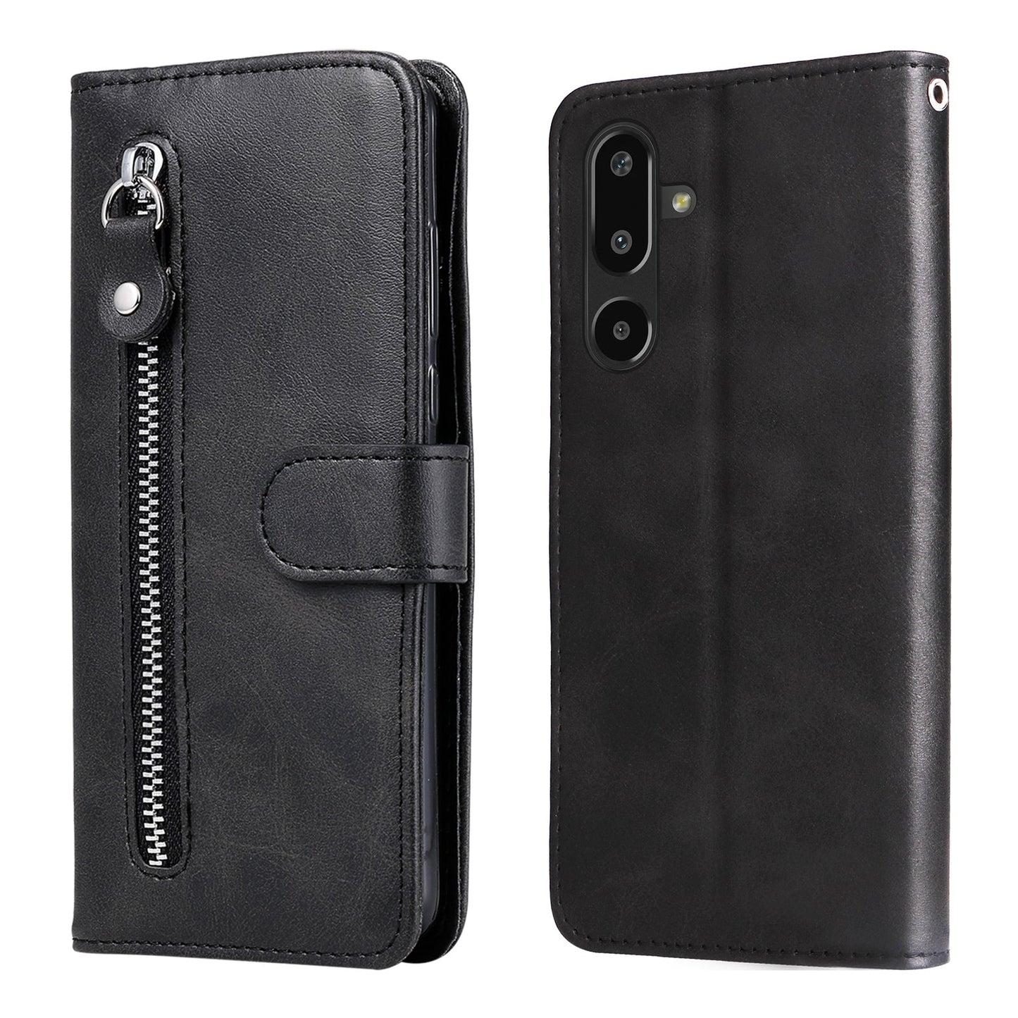 For Samsung Galaxy F16 5G / Galaxy M16 5G PU Leather Cases with Zipper Pocket Wallet Phone Cover Stand - Black