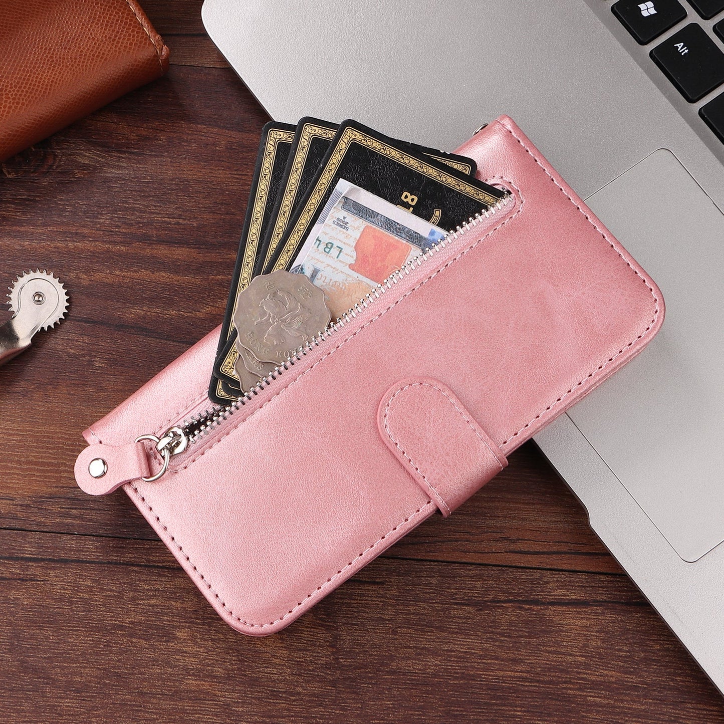 For Samsung Galaxy F16 5G / Galaxy M16 5G PU Leather Cases with Zipper Pocket Wallet Phone Cover Stand - Pink