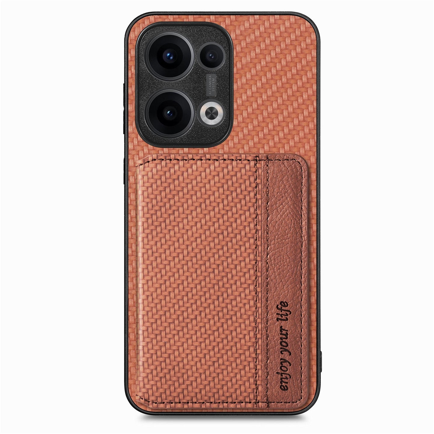 For Oppo Reno13 5G (Global) Case RFID Blocking Carbon Fiber Leather Phone Back Cover with Card Holder - Brown