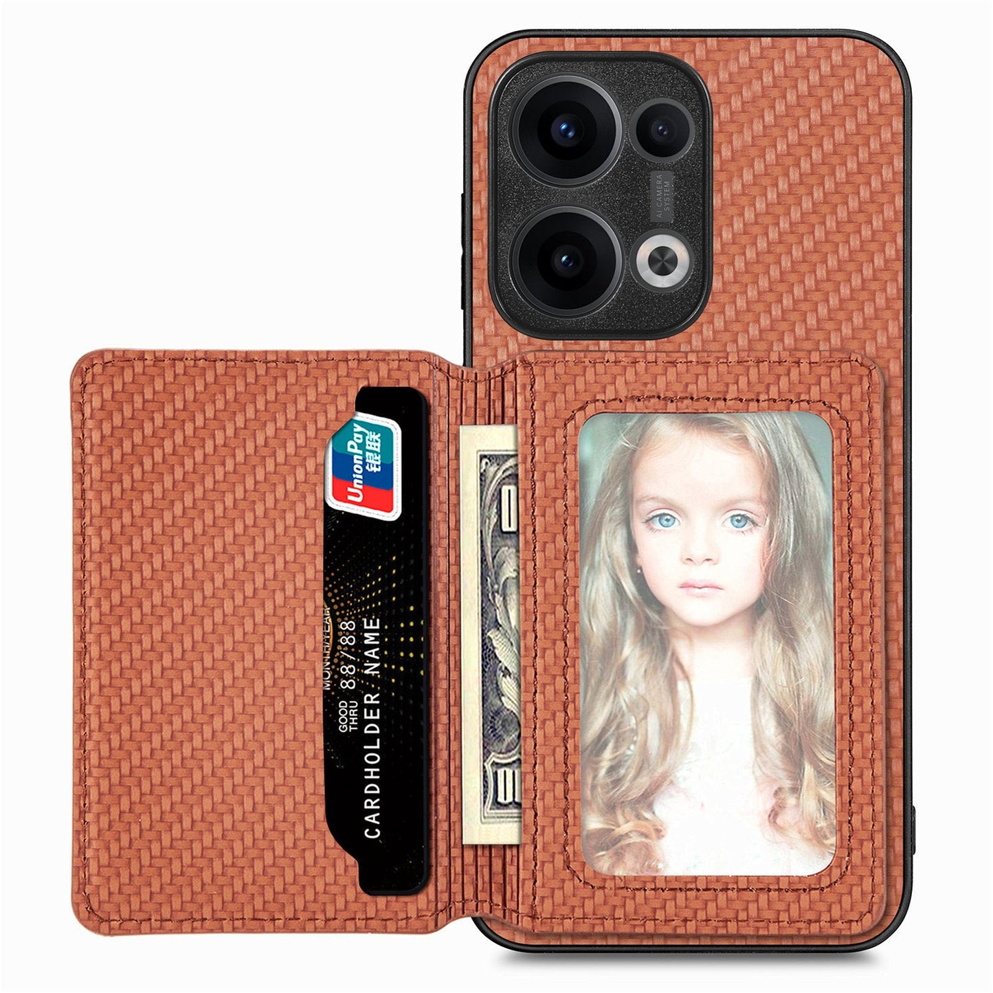 For Oppo Reno13 5G (Global) Case RFID Blocking Carbon Fiber Leather Phone Back Cover with Card Holder - Brown