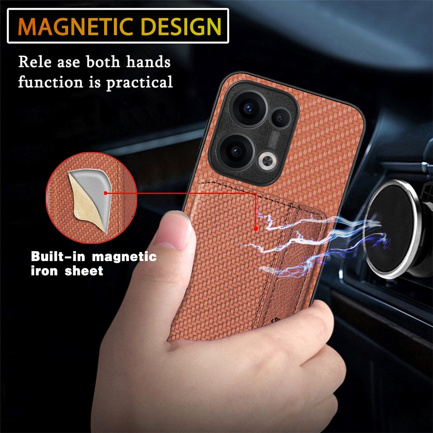 For Oppo Reno13 5G (Global) Case RFID Blocking Carbon Fiber Leather Phone Back Cover with Card Holder - Brown