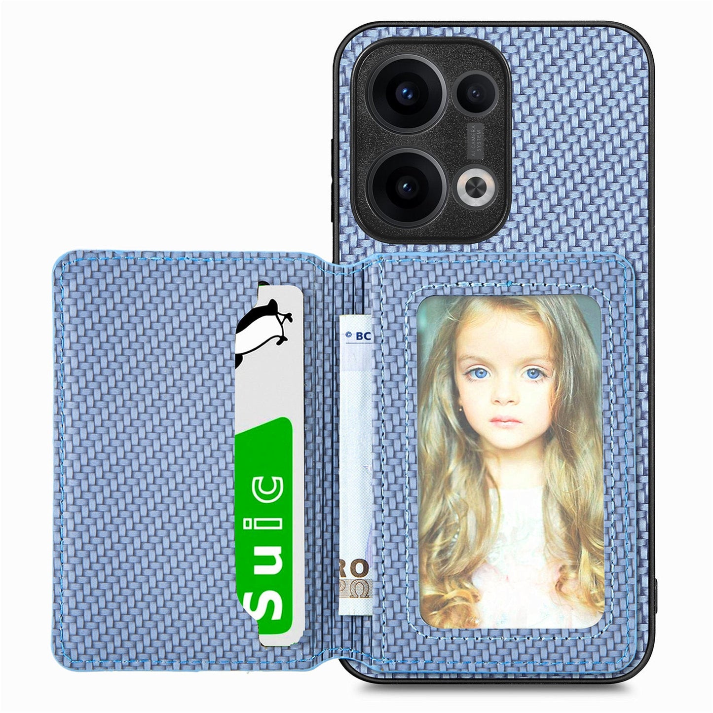 For Oppo Reno13 5G (Global) Case RFID Blocking Carbon Fiber Leather Phone Back Cover with Card Holder - Blue