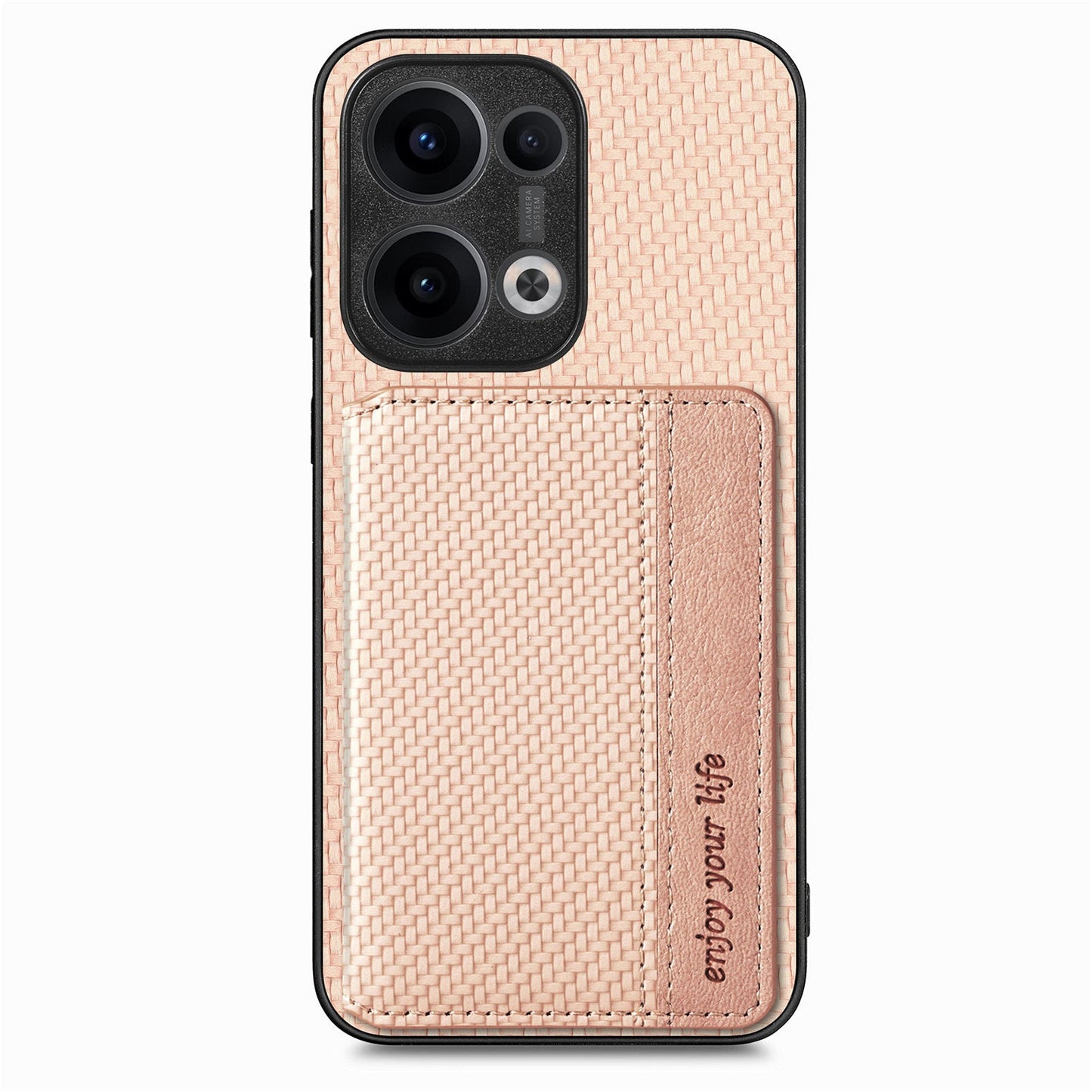 For Oppo Reno13 5G (Global) Case RFID Blocking Carbon Fiber Leather Phone Back Cover with Card Holder - Apricot