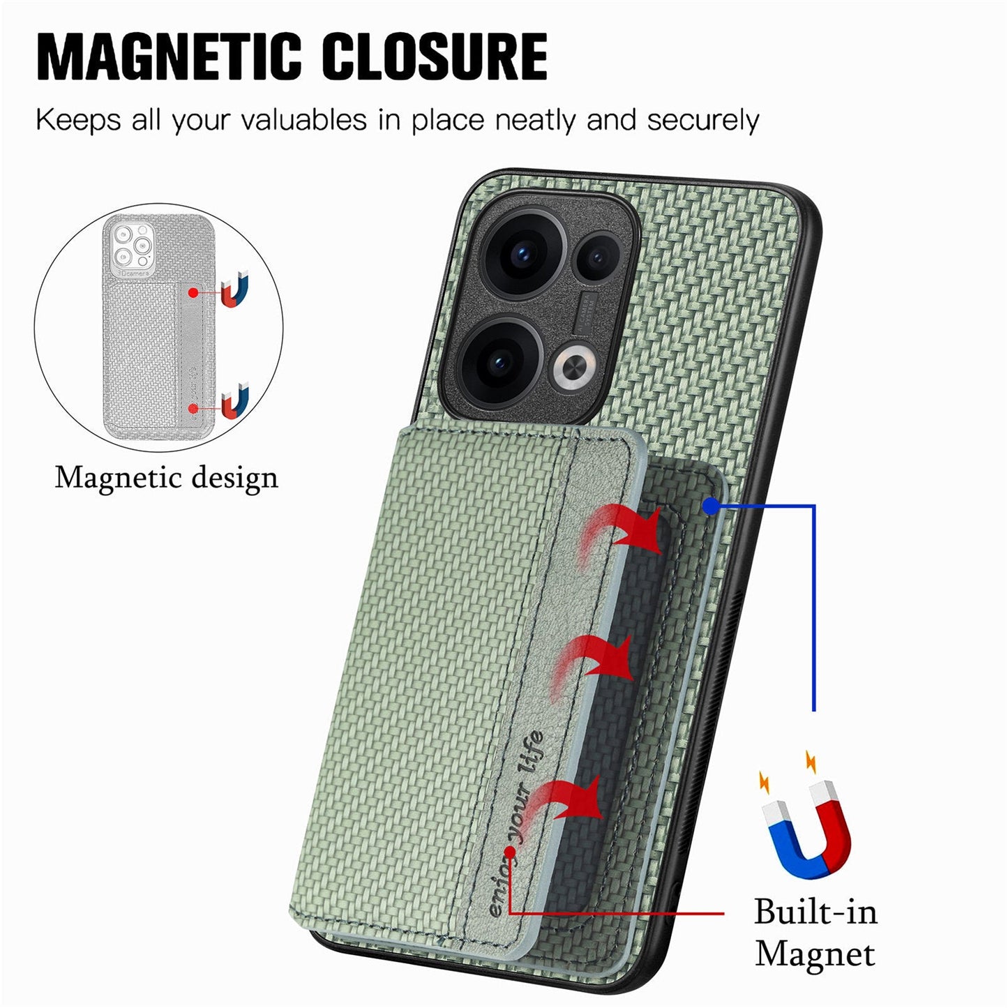 For Oppo Reno13 5G (Global) Case RFID Blocking Carbon Fiber Leather Phone Back Cover with Card Holder - Green