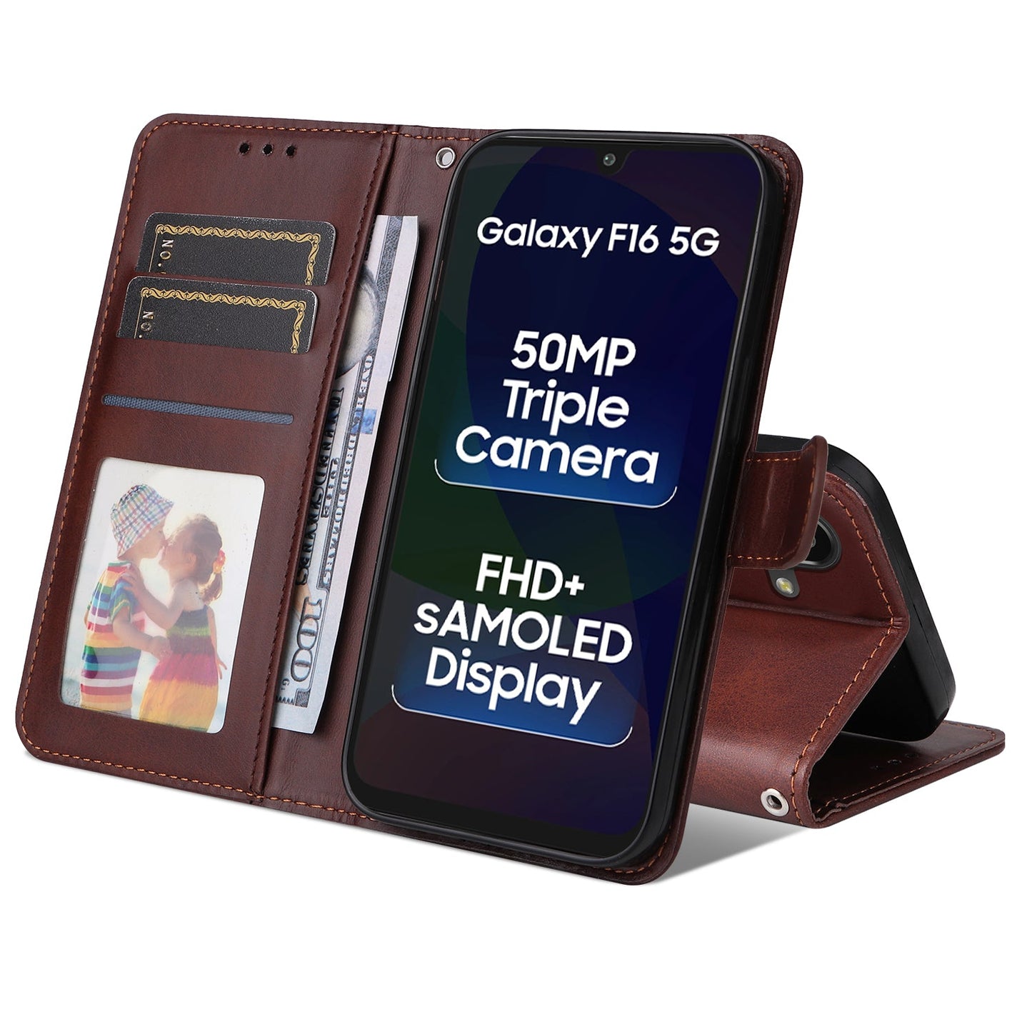 For Samsung Galaxy F16 5G / Galaxy M16 5G Case Wallet PU Leather Folio Flip Phone Cover - Brown