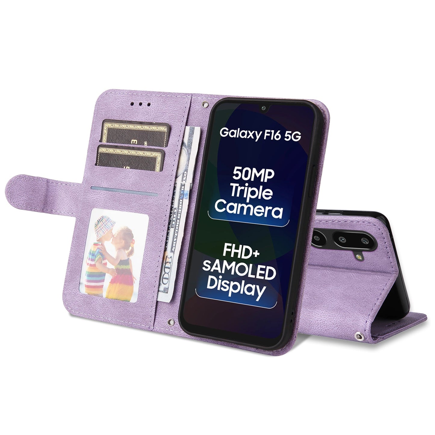 For Samsung Galaxy F16 5G / Galaxy M16 5G Leather Wallet Cases Skin Touch Phone Cover Stand with Strap - Purple