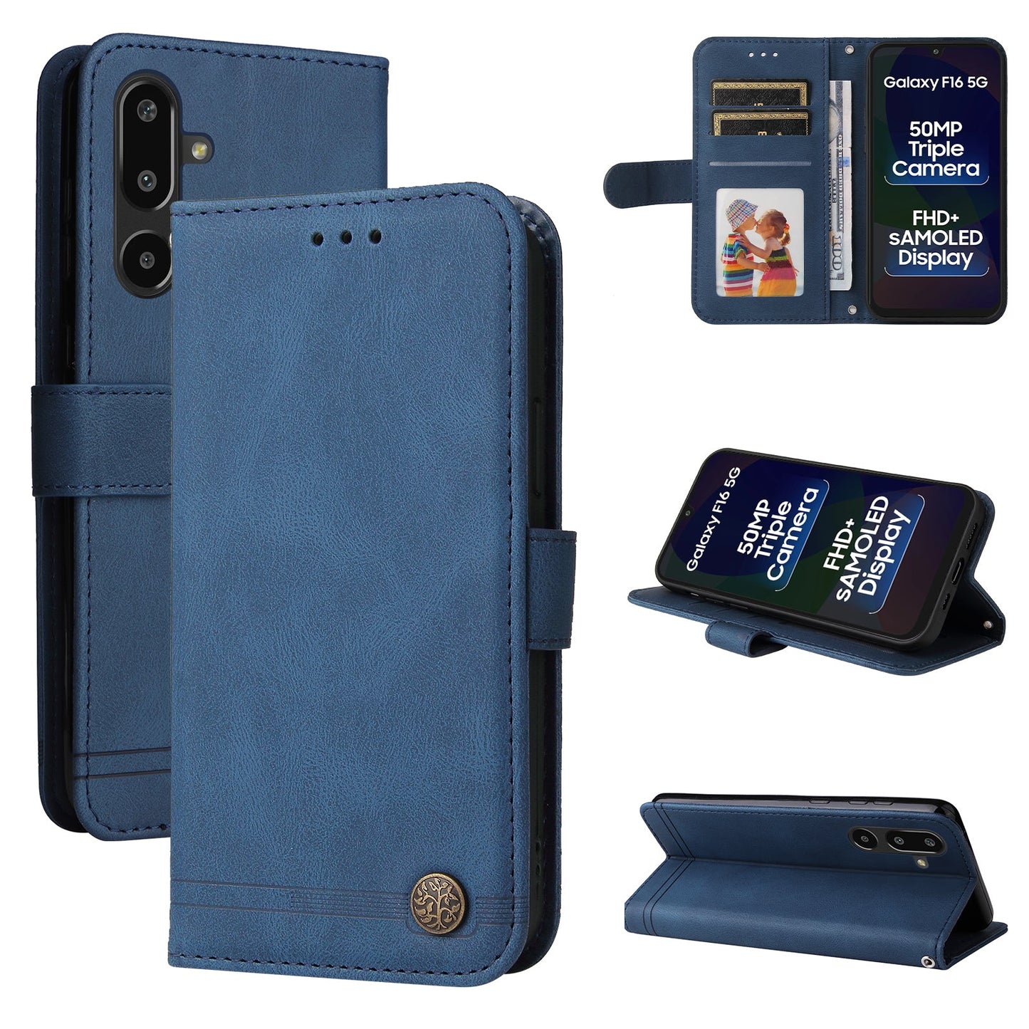 For Samsung Galaxy F16 5G / Galaxy M16 5G Leather Wallet Cases Skin Touch Phone Cover Stand with Strap - Blue