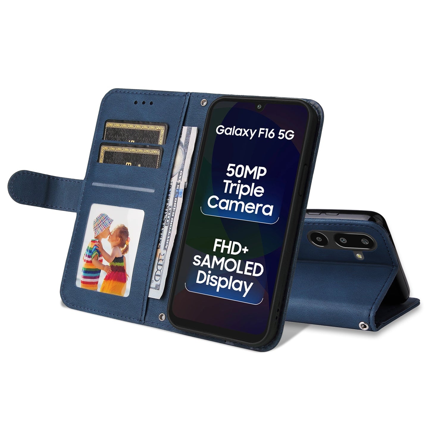 For Samsung Galaxy F16 5G / Galaxy M16 5G Leather Wallet Cases Skin Touch Phone Cover Stand with Strap - Blue