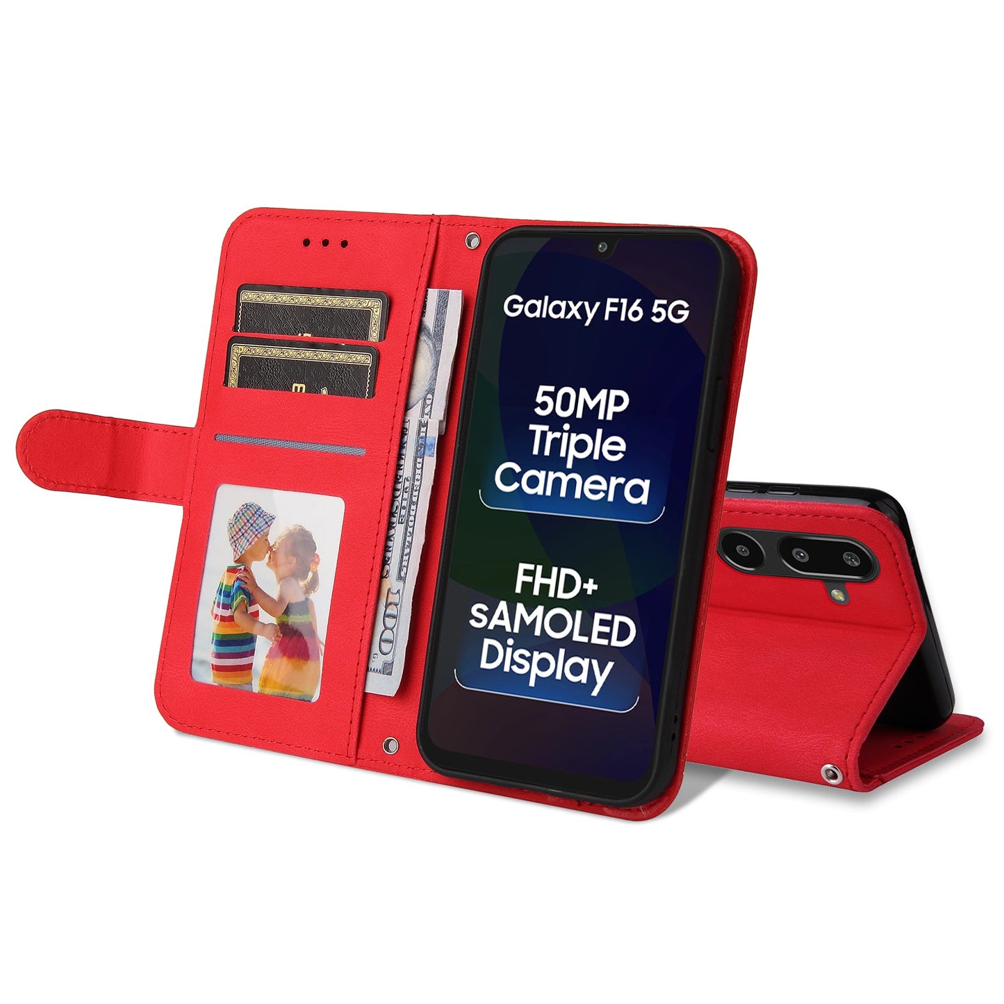 For Samsung Galaxy F16 5G / Galaxy M16 5G Leather Wallet Cases Skin Touch Phone Cover Stand with Strap - Red