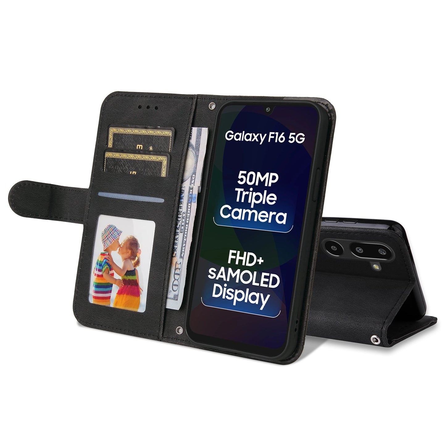 For Samsung Galaxy F16 5G / Galaxy M16 5G Leather Wallet Cases Skin Touch Phone Cover Stand with Strap - Black
