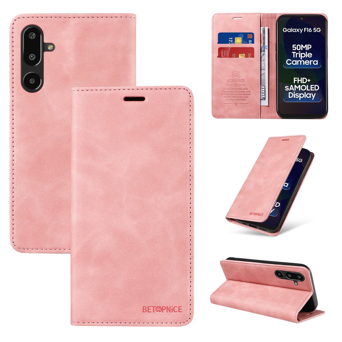 For Samsung Galaxy F16 5G / Galaxy M16 5G Case BETOPNICE Magnetic Closure RFID Blocking Wallet Stand Leather Phone Cover - Pink