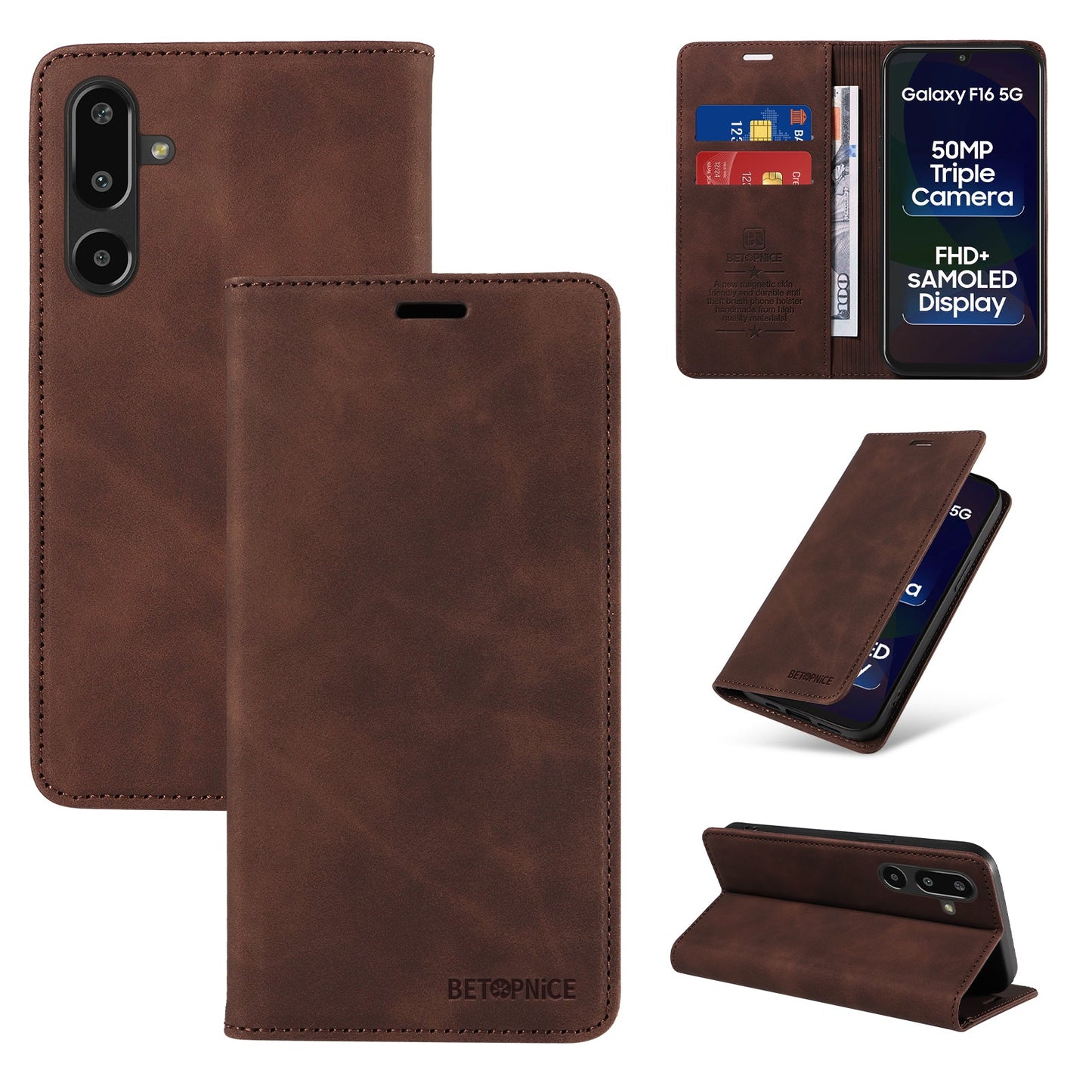 For Samsung Galaxy F16 5G / Galaxy M16 5G Case BETOPNICE Magnetic Closure RFID Blocking Wallet Stand Leather Phone Cover - Brown