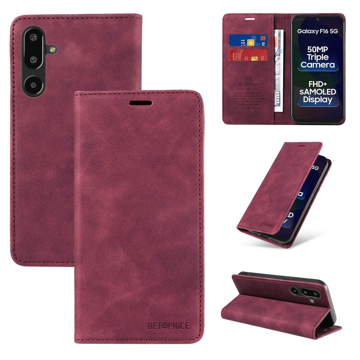 For Samsung Galaxy F16 5G / Galaxy M16 5G Case BETOPNICE Magnetic Closure RFID Blocking Wallet Stand Leather Phone Cover - Red